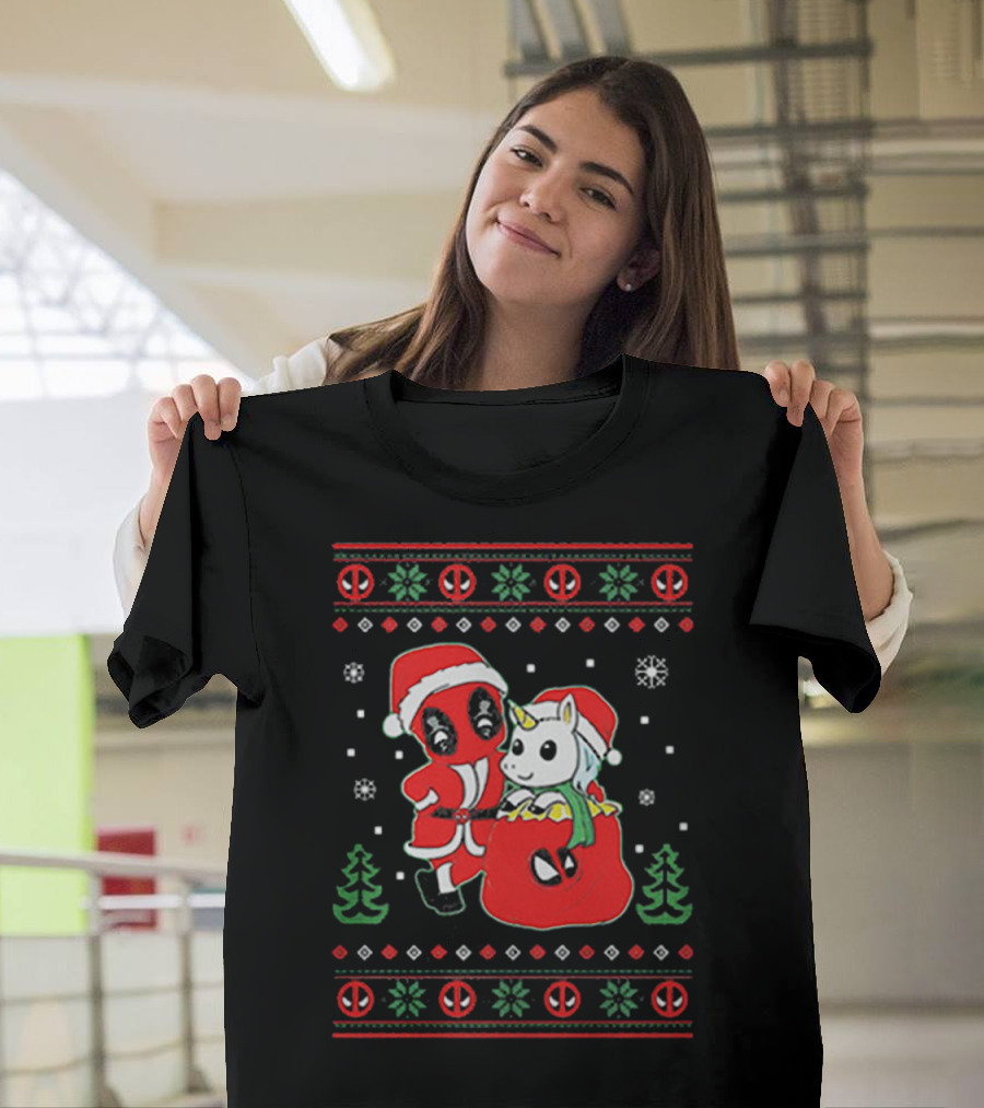 Deadpool Santa with Unicorn Holiday T-Shirt