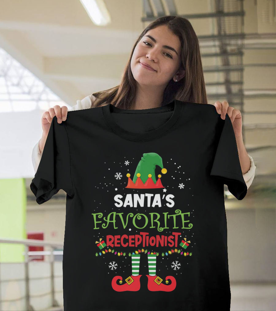 Santa's Favorite Receptionist Elf Hat and Shoes Snowflakes T-Shirt