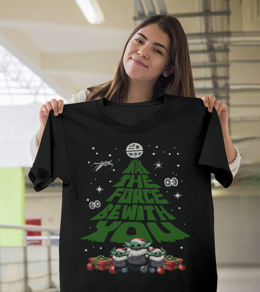 May The Force Be With You Christmas Tree Baby Yoda Ornaments Stars And X-Wing T-Shirt