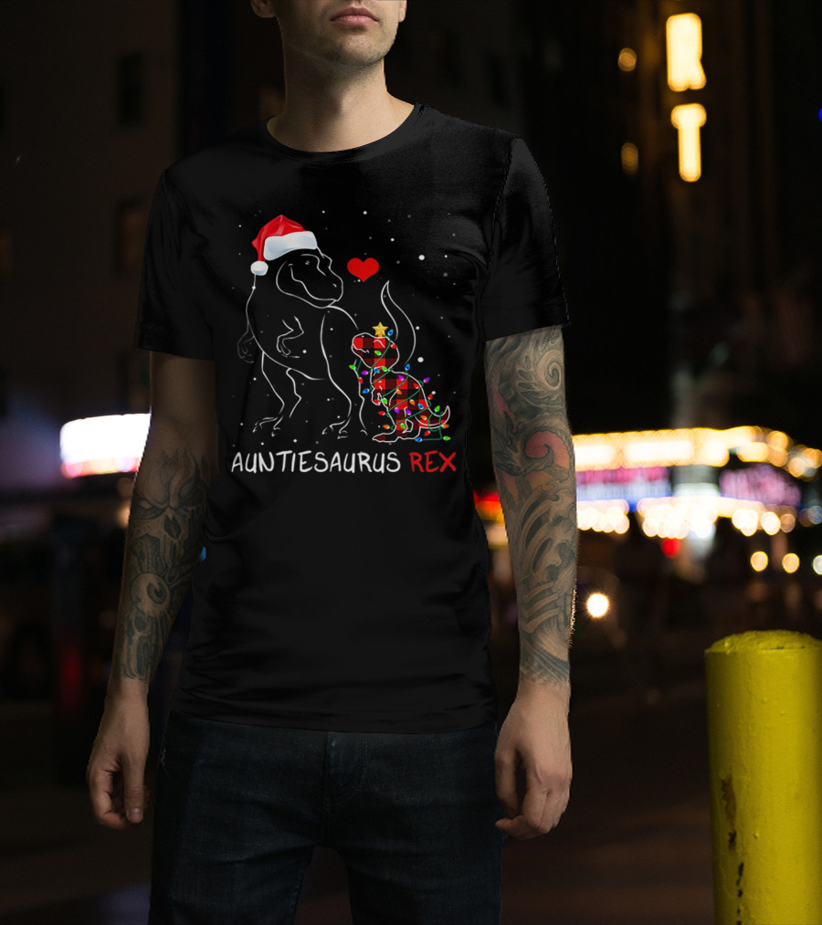 AUNTIESAURUS REX Red Plaid Christmas Dinosaur With Santa Hat And Lights T-Shirt