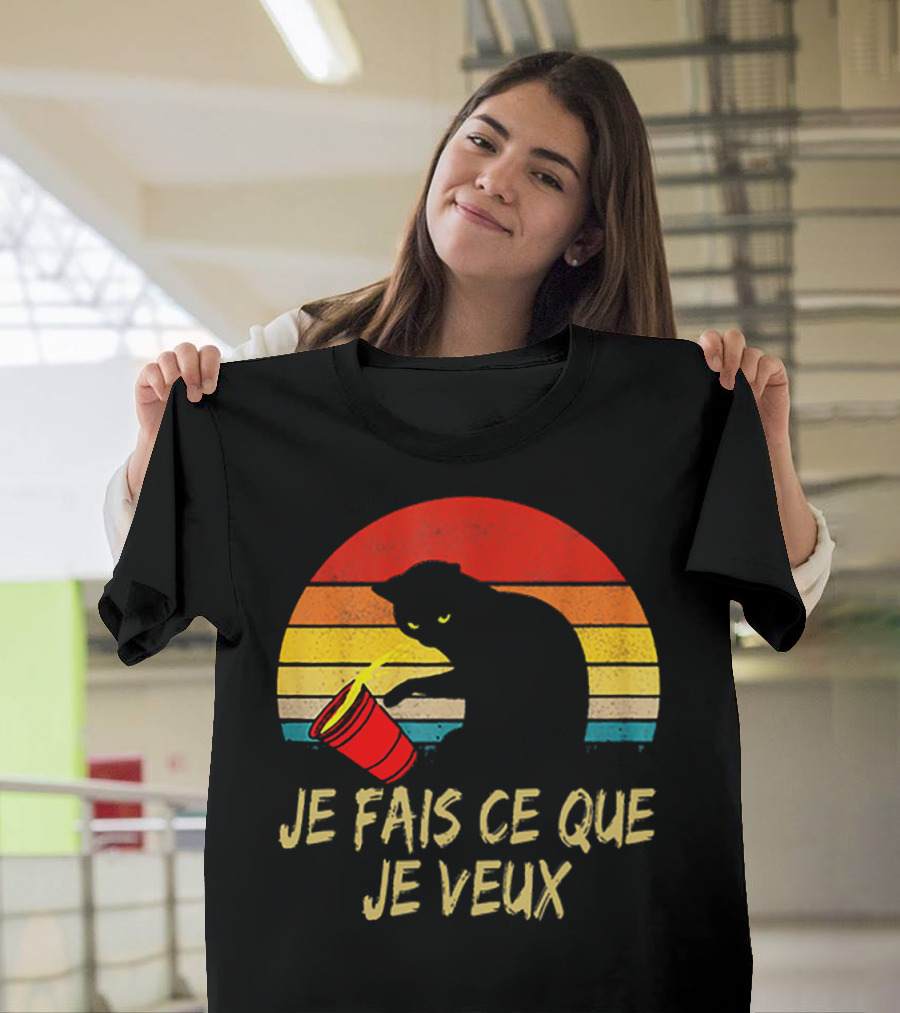 Black Cat Je Fais Ce Que Je Veux Retro Sunset Silhouette 80s T-Shirt