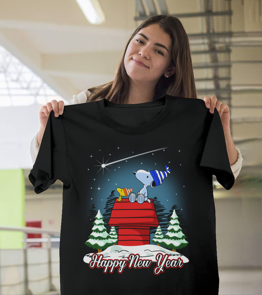 Snoopy Happy New Year with Woodstock on Doghouse Under Starry Sky T-Shirt