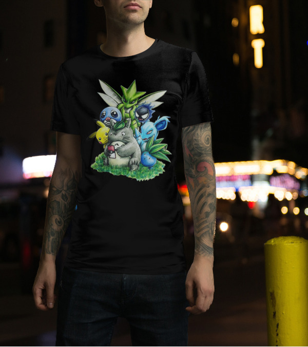BEST FRIENDS TOTORO PIKACHU BULBASAUR SCYTHER JIGGLYPUFF GASTLY NIDORINA ODDISH MASHUP T-Shirt
