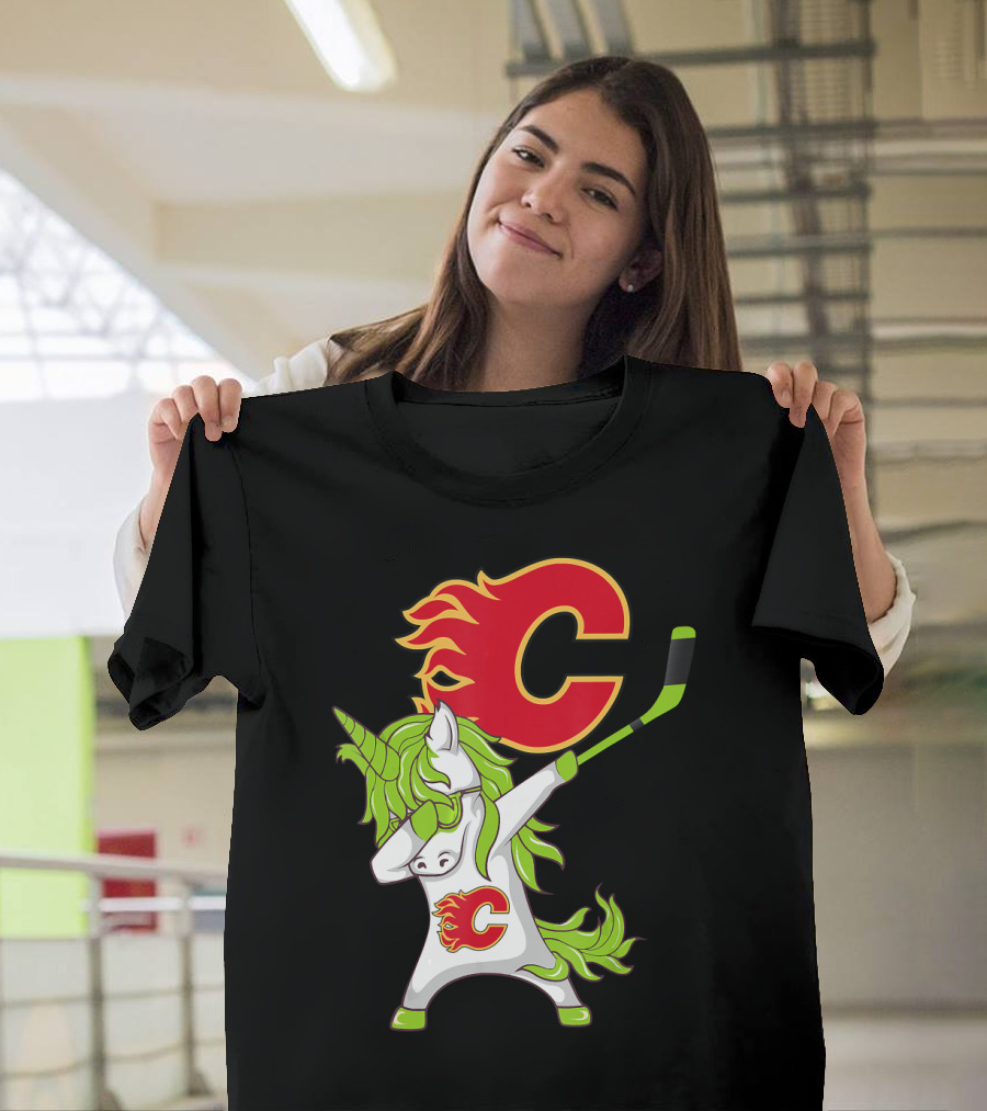 St Patrick Day Dabbing Unicorn Calgary Flames Hockey Stick T-Shirt
