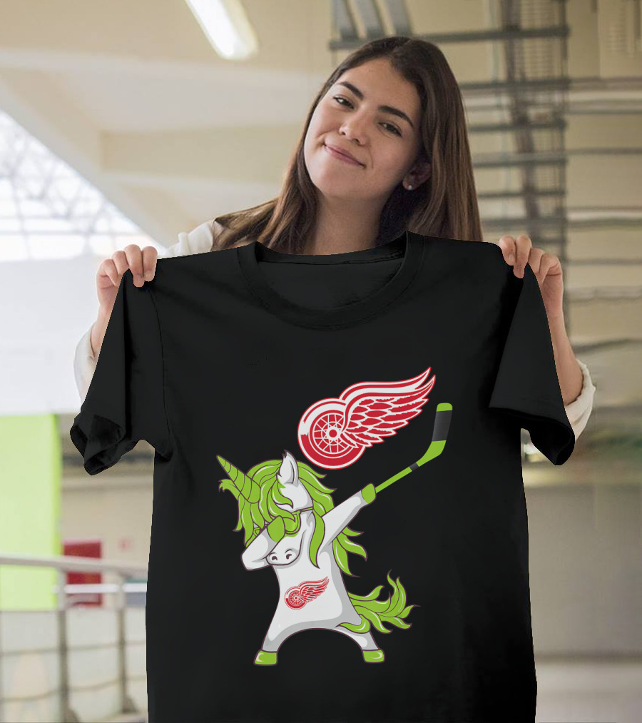 Detroit Red Wings St Patrick's Day Dabbing Unicorn Hockey Stick T-Shirt