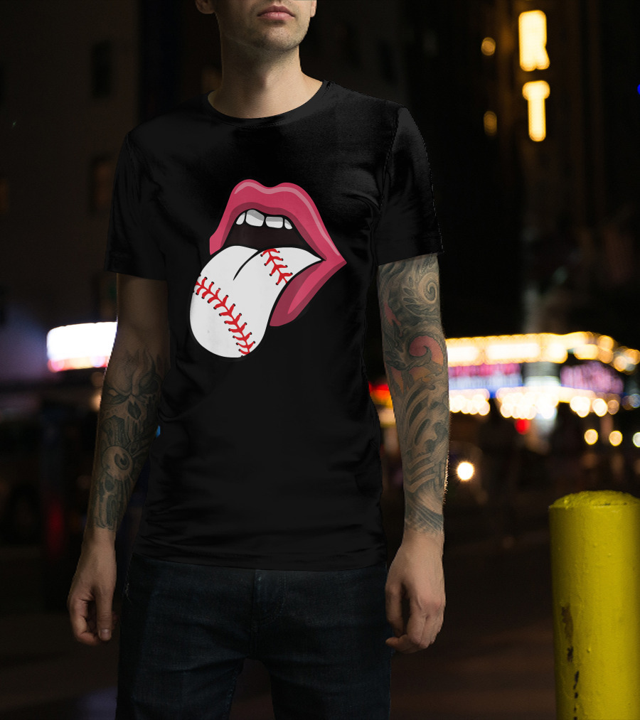 Baseball Red Lips Tongue Stitch T-Shirt