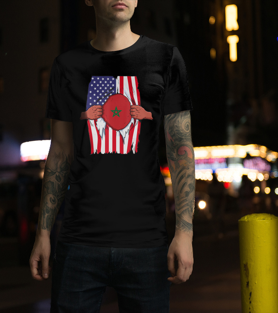 Morocco Flag Inside American Flag Home Pride Moroccan T-Shirt