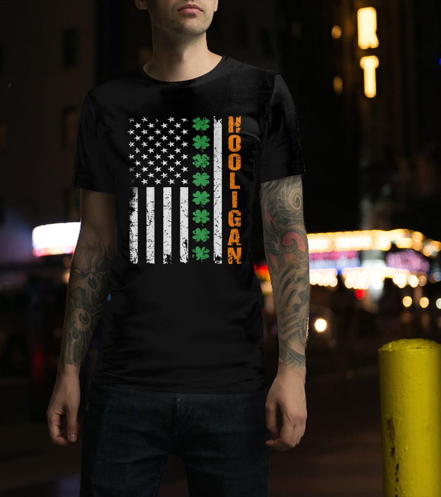 Irish American Flag Shamrocks Hooligan St Pats T-Shirt