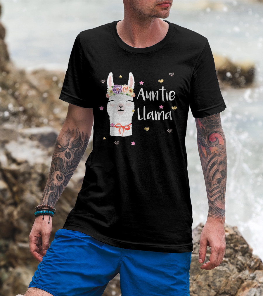 Auntie Llama Cute Floral Crown And Stars For Llama Lovers T-Shirt