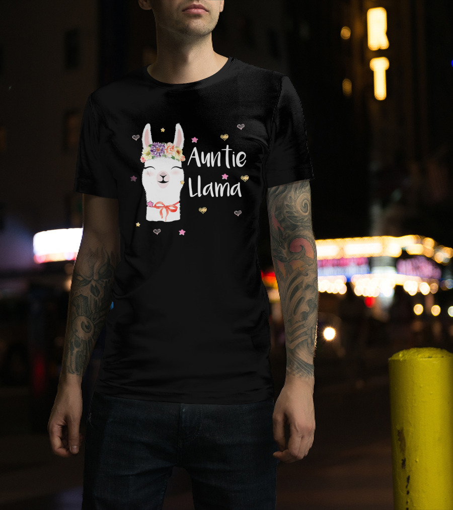 Auntie Llama Cute Floral Crown And Stars For Llama Lovers T-Shirt