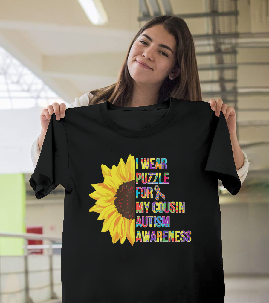 I Wear Puzzle for My Cousin Autism Awareness Sunflower T-Shirt