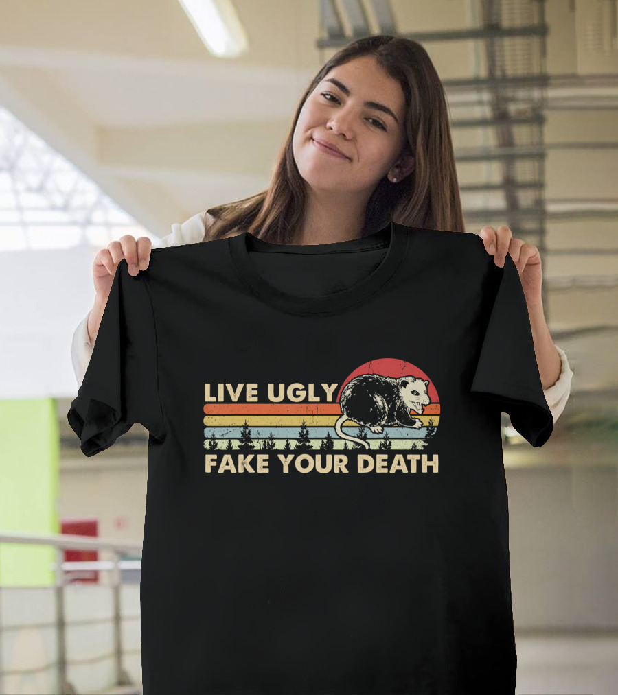 Live Ugly Fake Your Death Opossum Vintage Sunset Forest Retro T-Shirt