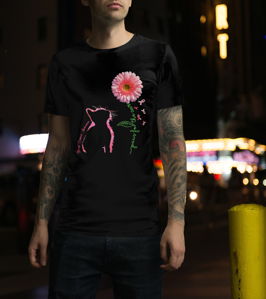 Paws For The Cure Breast Cancer Awareness Cat Pink Flower T-Shirt