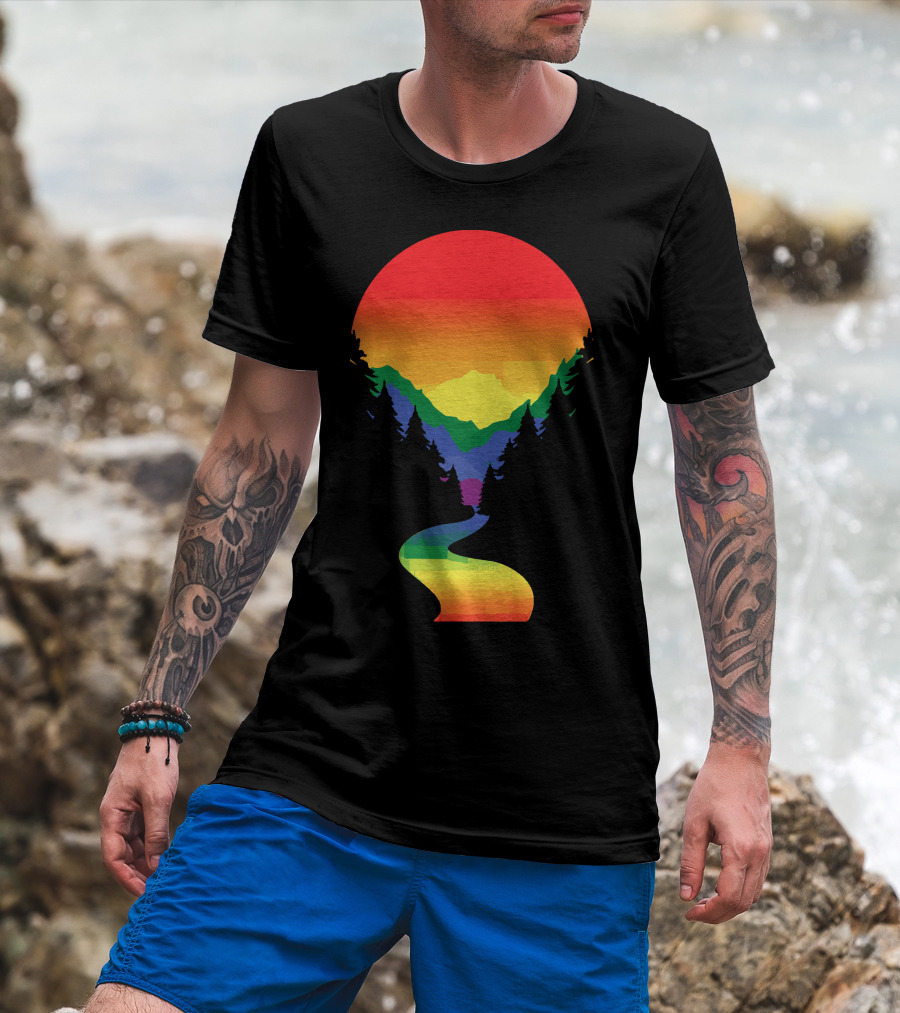 Rainbow Pride Sunset Silhouette Mountains Forest Pathway T-Shirt