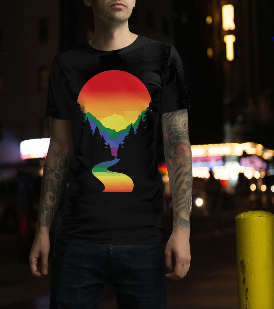 Rainbow Pride Sunset Silhouette Mountains Forest Pathway T-Shirt