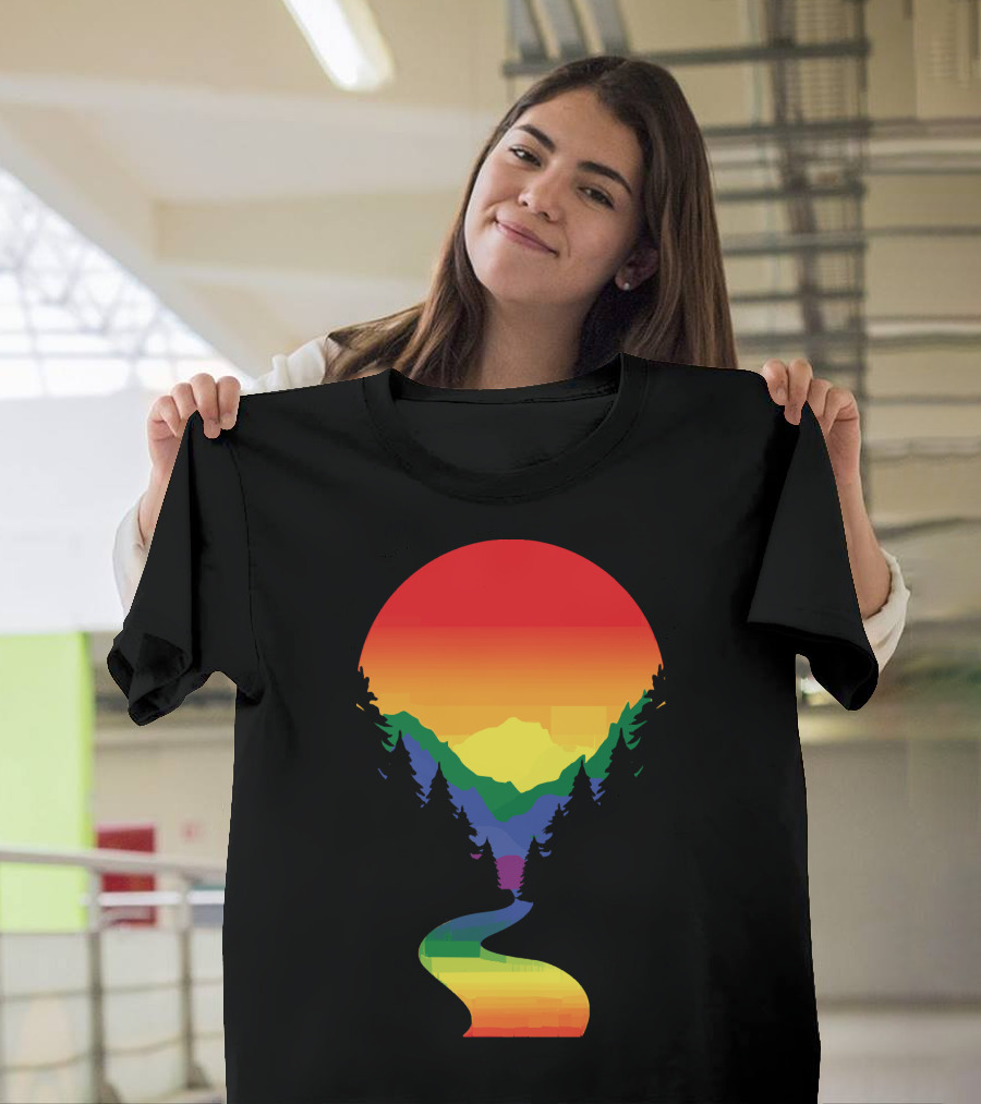 Rainbow Pride Sunset Silhouette Mountains Forest Pathway T-Shirt