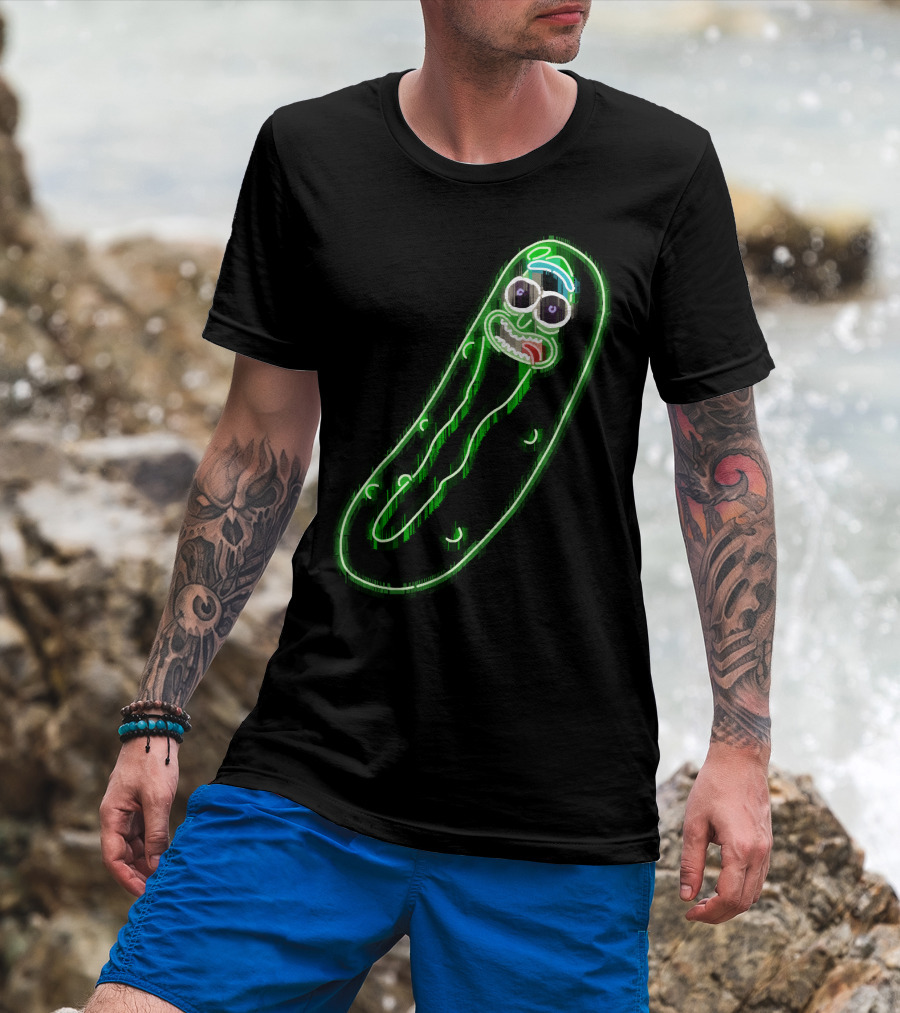 Neon Pickle Rick Left Pocket Glowing Expression T-Shirt