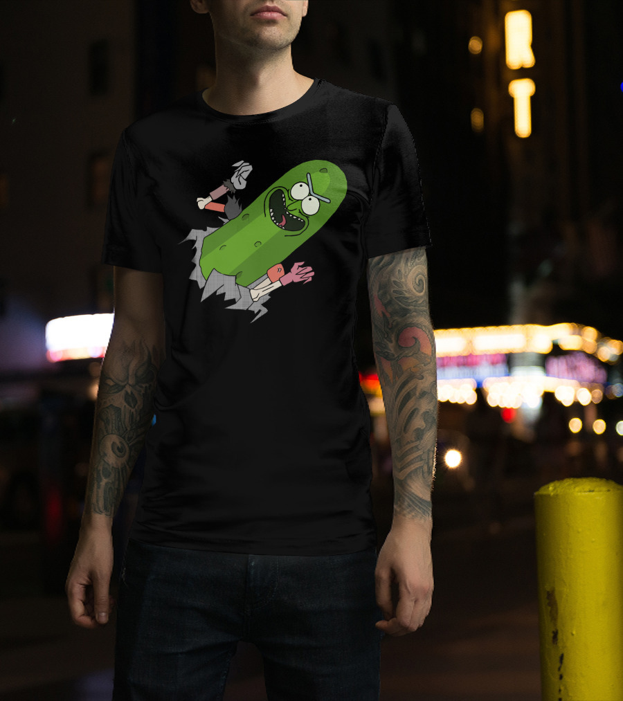 Pickle Rick Breaking Through Punching Action T-Shirt