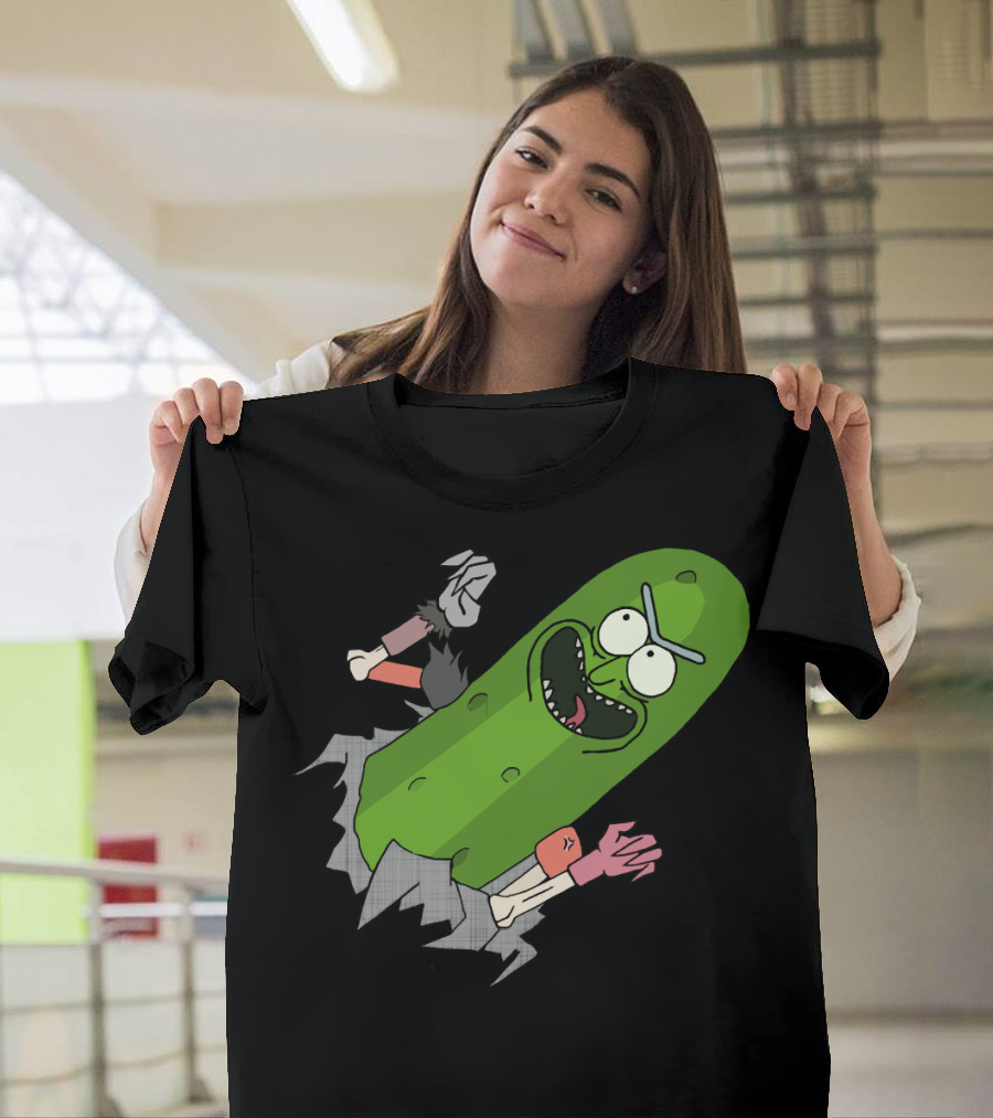 Pickle Rick Breaking Through Punching Action T-Shirt