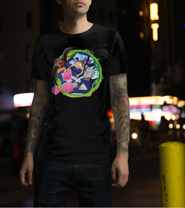 Rick And Morty In Cyber Portal Adventure With Pink Cubes And Alien Figures T-Shirt