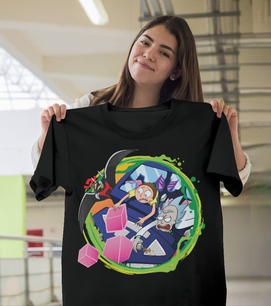 Rick and Morty in Cyber Portal Adventure with Pink Cubes and Alien Figures T-Shirt