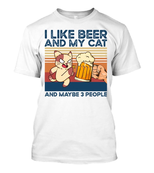 I Like Beer And My Cat And Maybe 3 People Vintage Style Retro Cat Lover T-Shirt