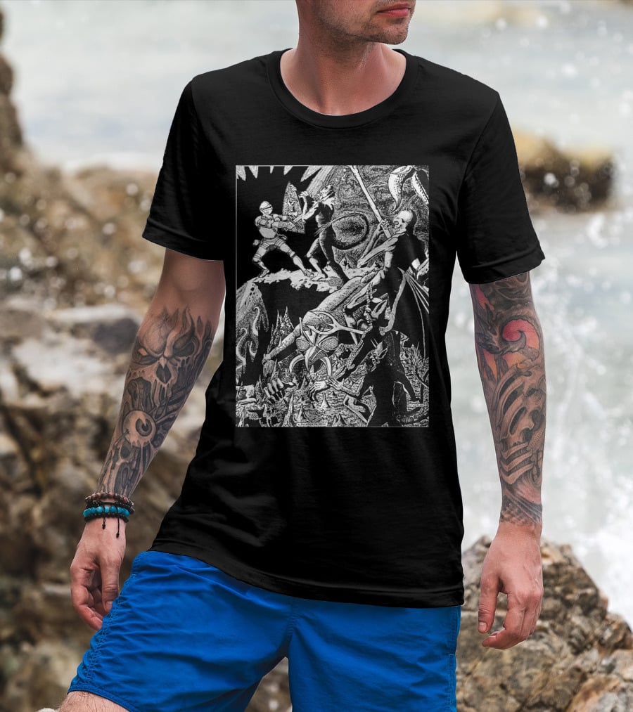 PALADIN IN HELL Classic Dungeon Adventure Battle Scene With Demons And Warriors T-Shirt