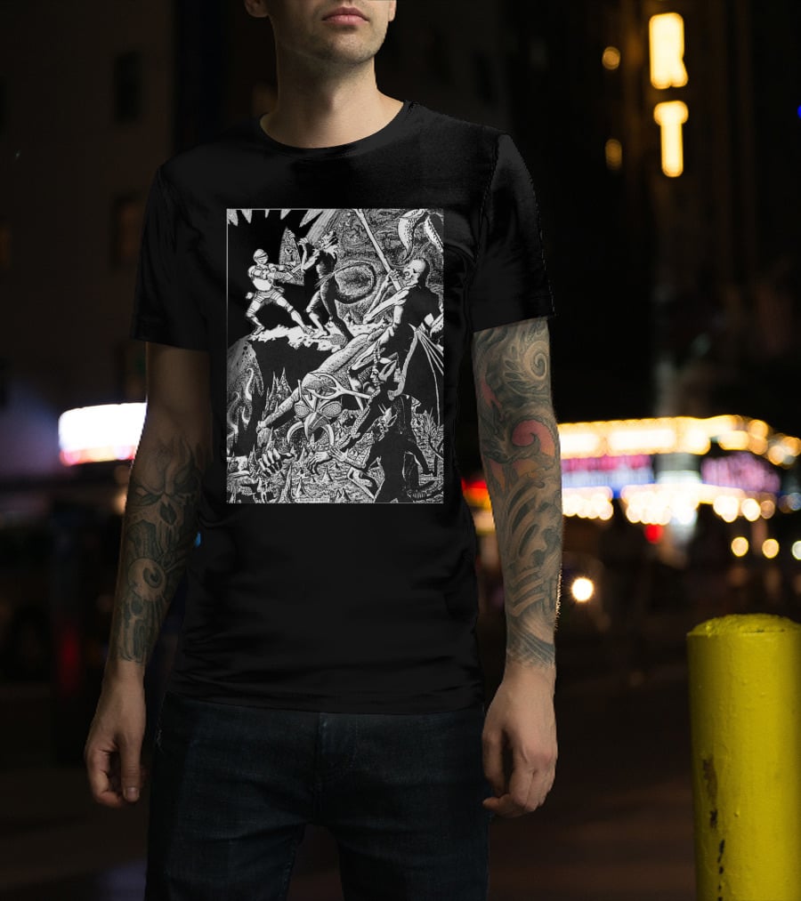 PALADIN IN HELL Classic Dungeon Adventure Battle Scene With Demons And Warriors T-Shirt