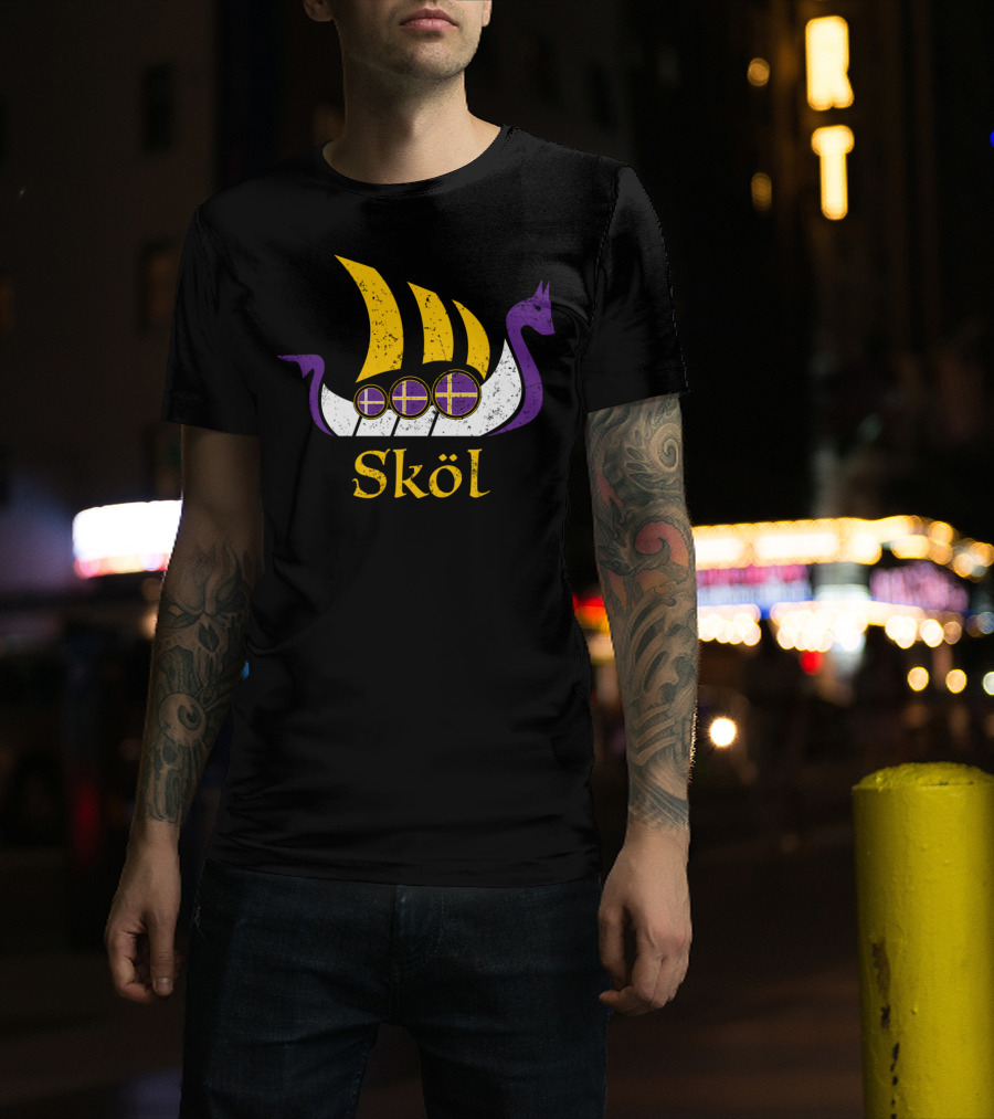 Skol Nordic Scandinavian Vikings Boat With Purple And Yellow Dragon Head T-Shirt
