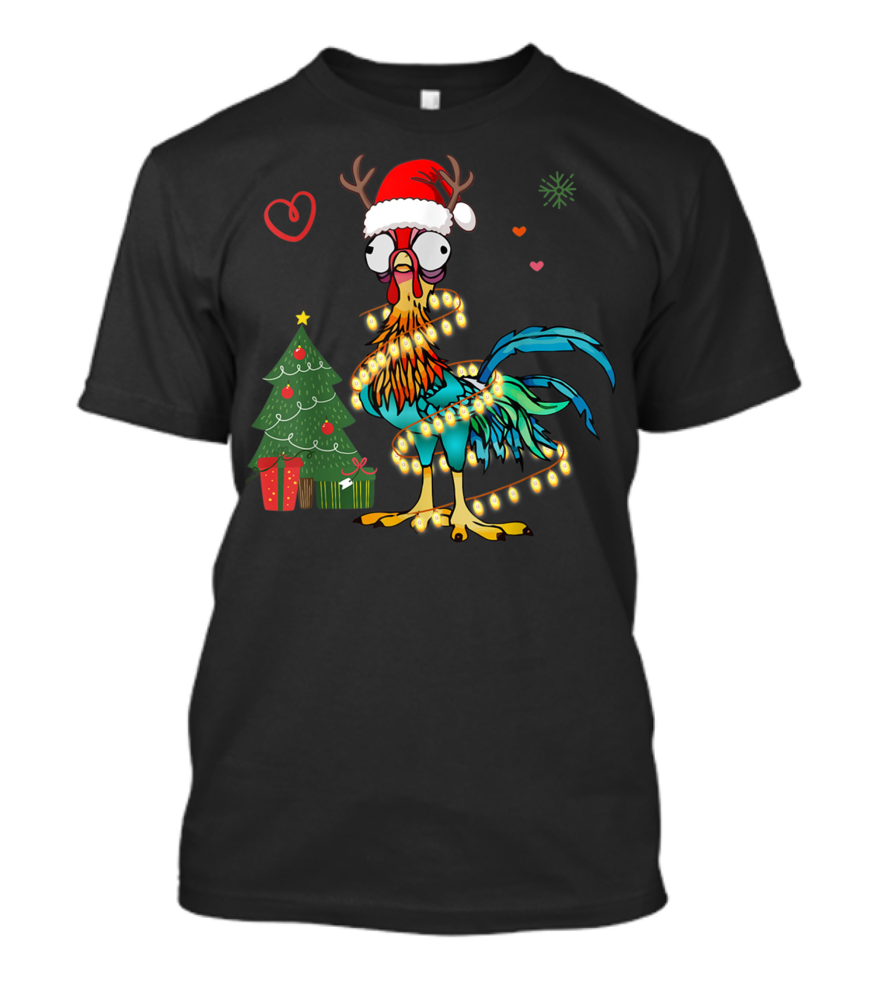 Chicken Reindeer Christmas Lights Santa Hat Christmas Tree T-Shirt
