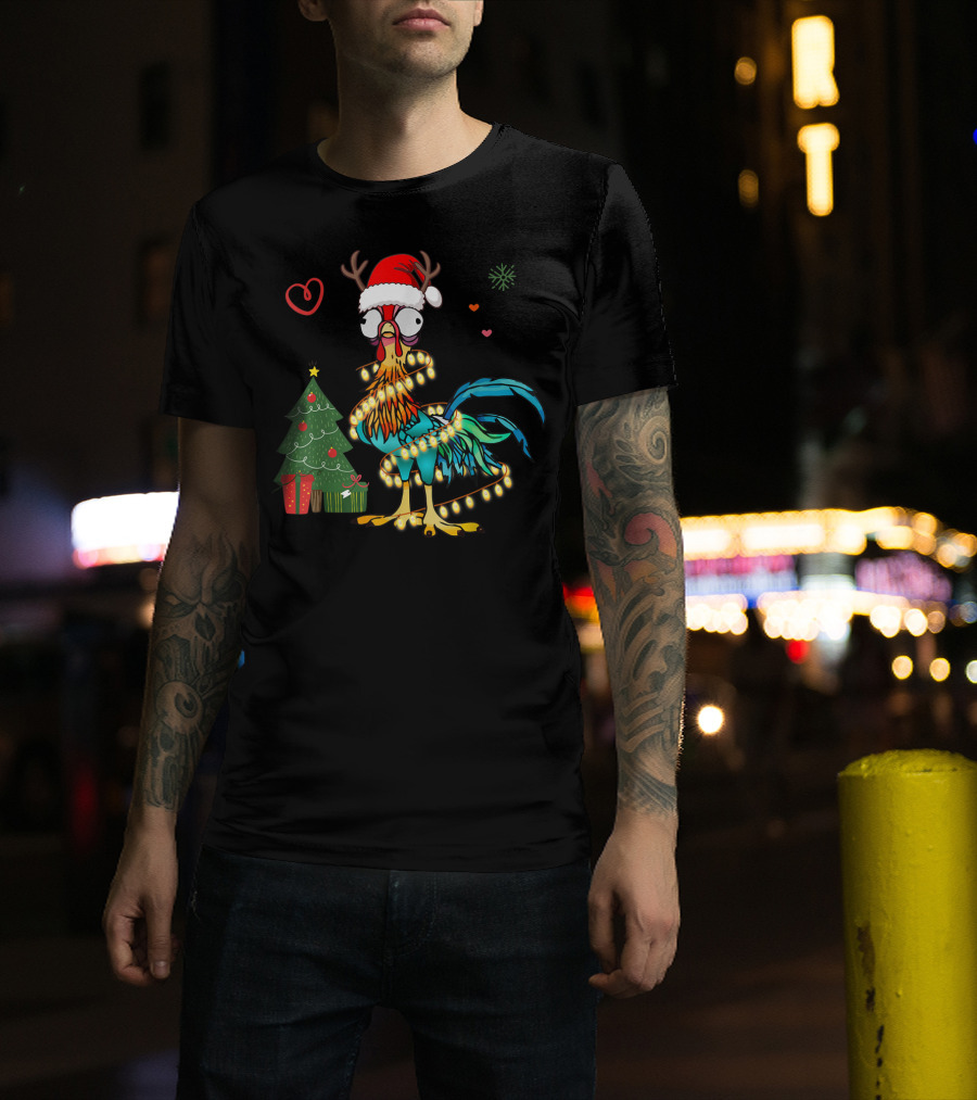 Chicken Reindeer Christmas Lights Santa Hat Christmas Tree T-Shirt