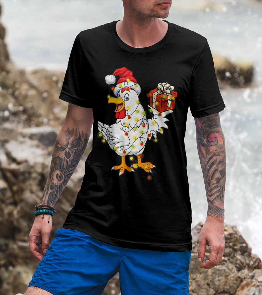 Funny Chicken Wrapped In Christmas Lights With Santa Hat And Gift T-Shirt