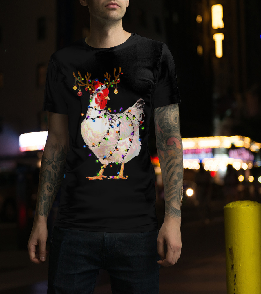 Funny Chicken Wearing Reindeer Antlers And Christmas Lights T-Shirt