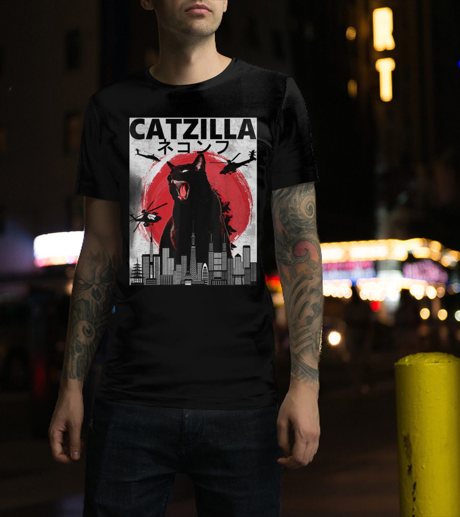 Catzilla Japanese Sunset Helicopters Cityscape Skyscraper Tower T-Shirt