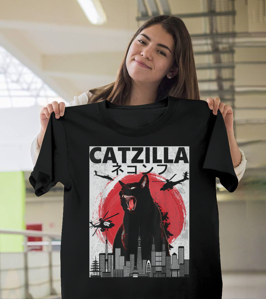 Catzilla Japanese Sunset Helicopters Cityscape Skyscraper Tower T-Shirt