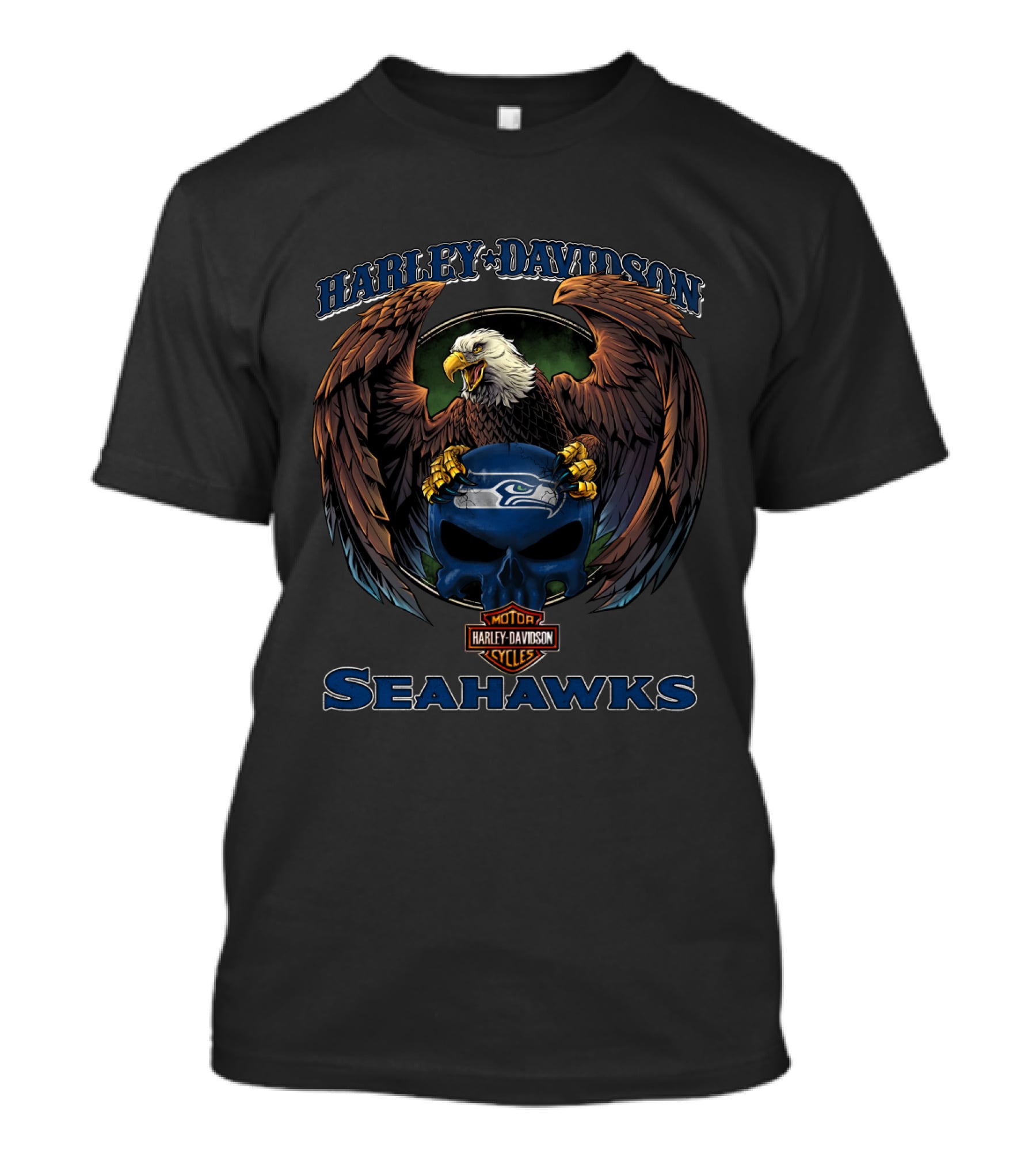 Harley Davidson Motor Cycles Seattle Seahawks Eagles Skulls T-Shirt