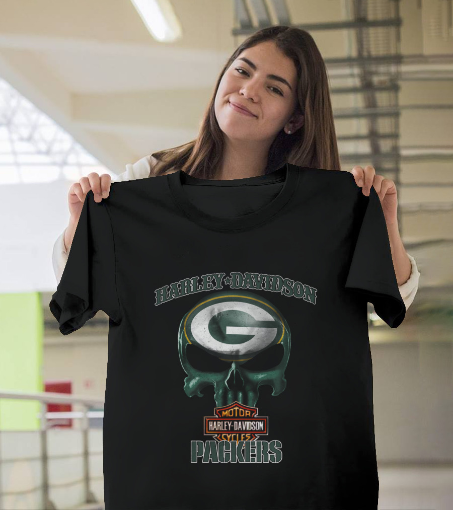 Harley Davidson Skull Green Bay Packers Nfl Motor Cycles T-Shirt
