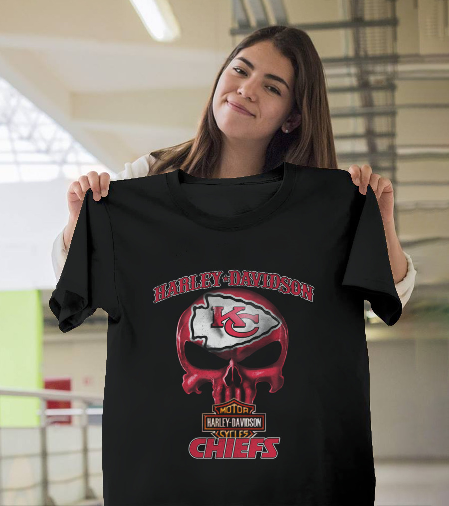 Harley Davidson Kansas City Chiefs Skull Hl Nfl Motor Cycles T-Shirt