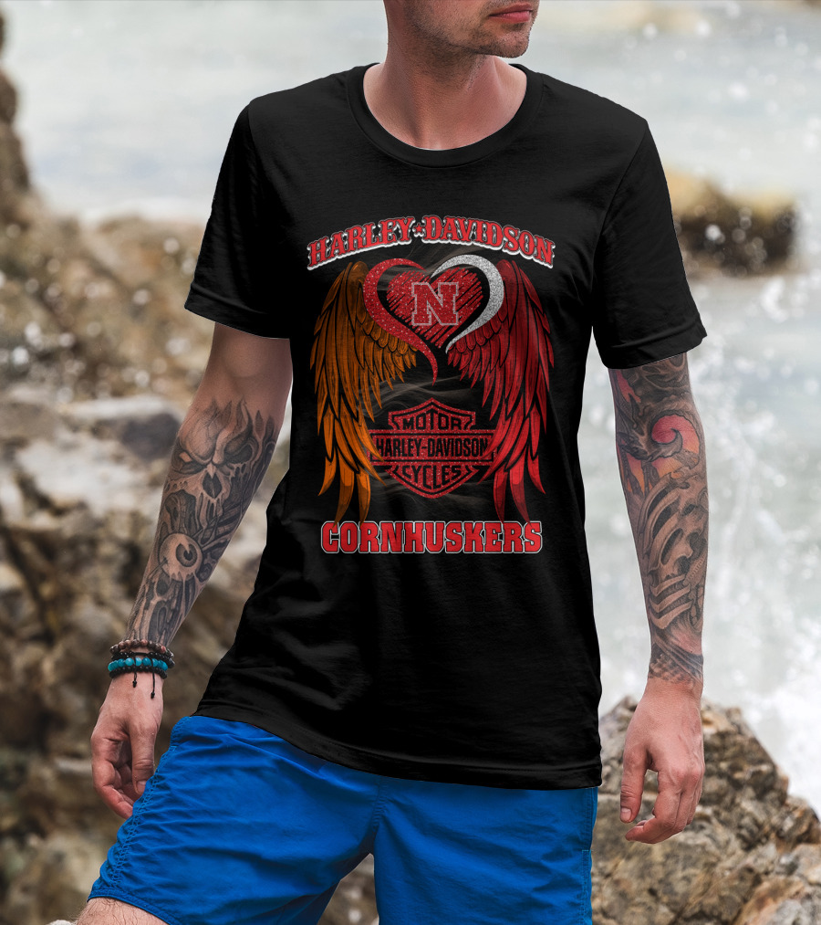 Harley Davidson Heart Wings Nebraska Cornhuskers Motorcycles T-Shirt