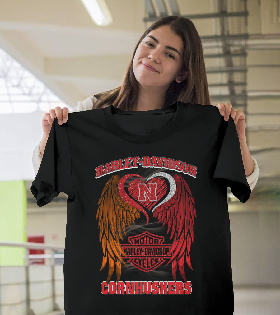 Harley Davidson Heart Wings Nebraska Cornhuskers Motorcycles T-Shirt