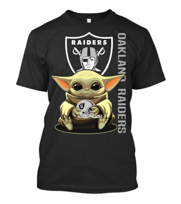 Baby Yoda Holding Oakland Raiders Helmet With Raiders Logo In Background T-Shirt