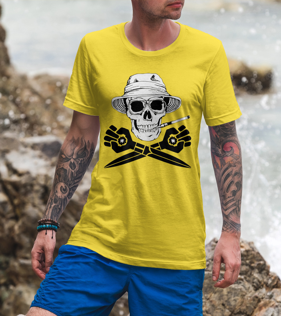 Hunter Thompson Skull Smoking With Hat And Scissors T-Shirt