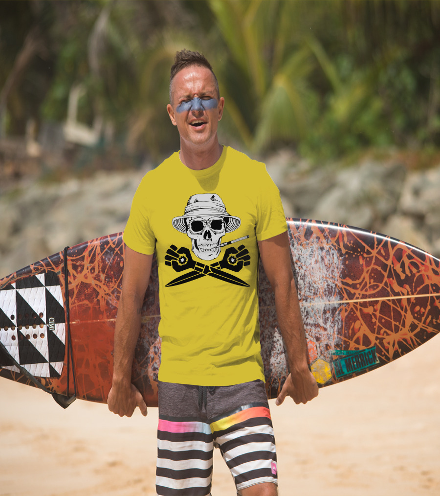 Hunter Thompson Skull Smoking With Hat And Scissors T-Shirt