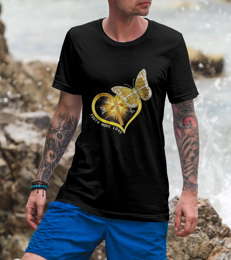 Faith Hope Love Butterfly Heart Christian Cross Jesus T-Shirt