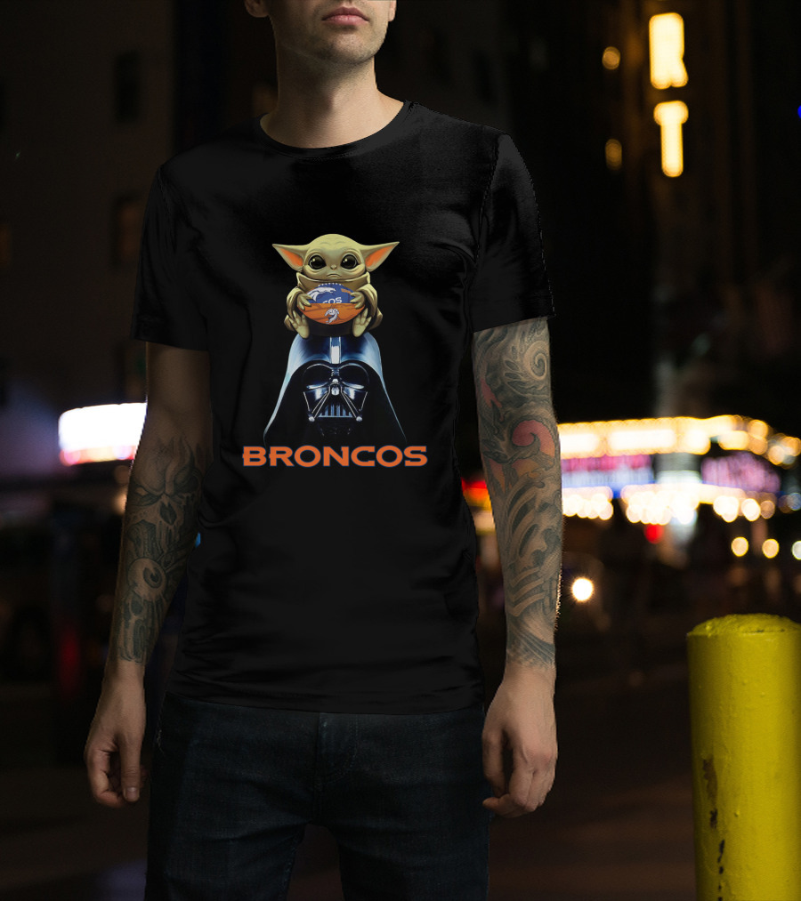 Baby Yoda Holding Denver Broncos Football On Darth Vader With Broncos T-Shirt