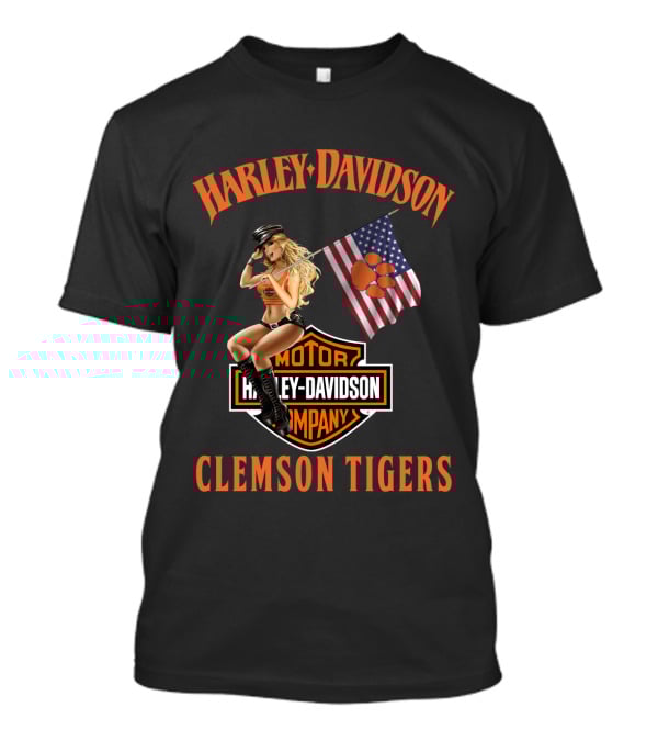 Harley Davidson Clemson Tigers American Flag Pin-Up Model T-Shirt