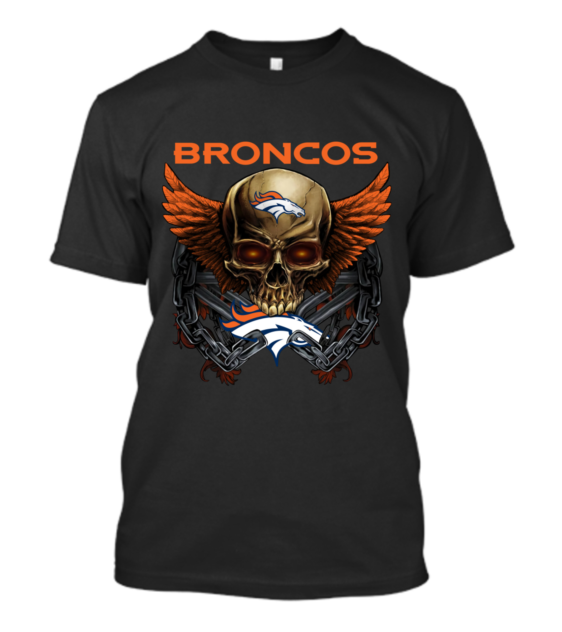 Broncos Skull Winged Logo With Chain And Horsehead T-Shirt