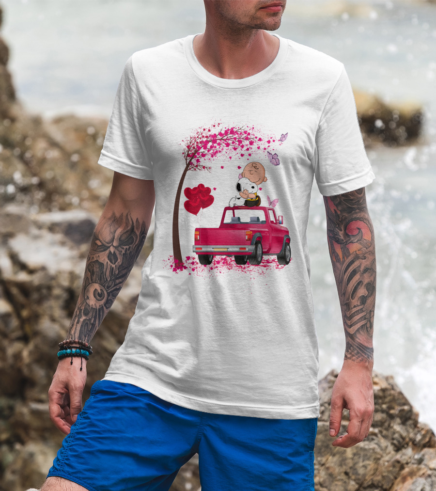 Snoopy Charlie Brown Red Truck Hearts Butterflies Tree T-Shirt