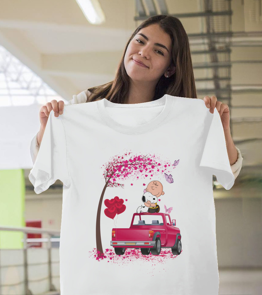 Snoopy Charlie Brown Red Truck Hearts Butterflies Tree T-Shirt