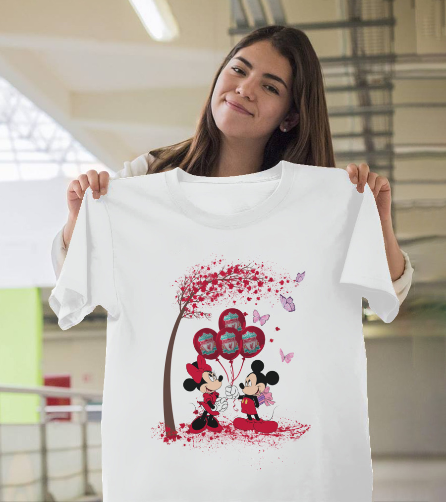 Mickey Minnie Holding Liverpool FC Balloons Under Blossoming Tree With Butterflies T-Shirt
